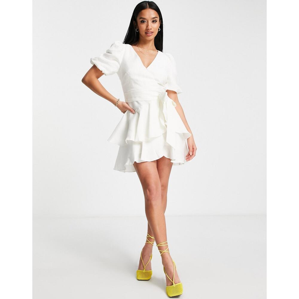 Ever New White Linen Wrap Dress Size 4 Puff Sleeve Tiered Mini Tie Waist